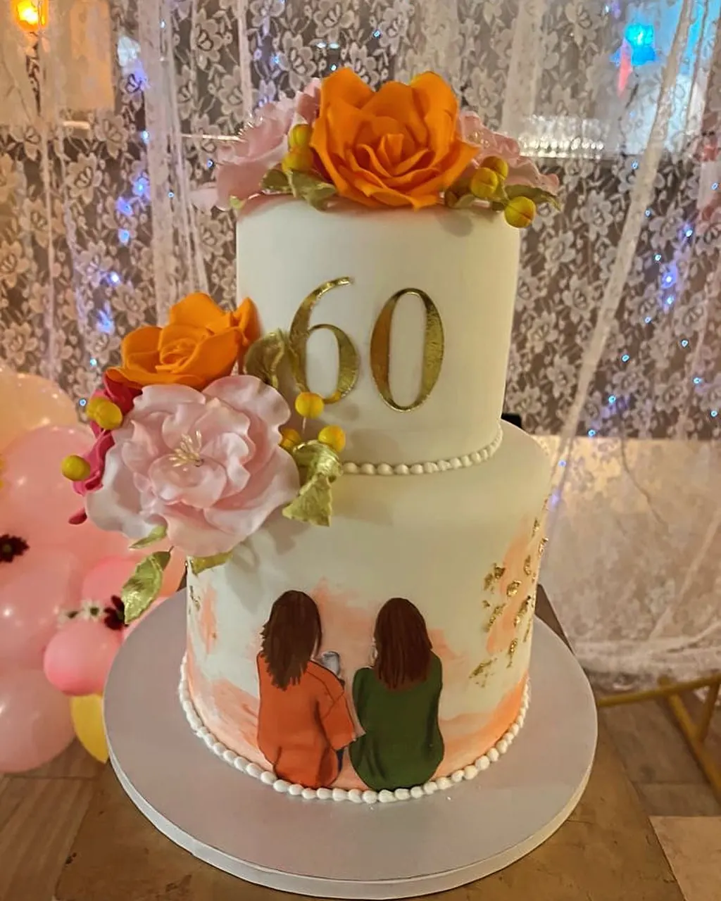 Gâteau d'anniversaire 60 ans décoré de fleurs